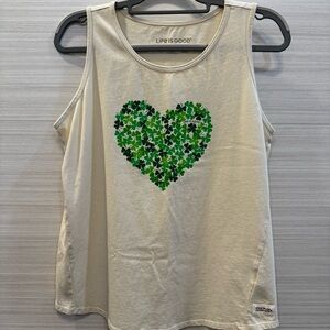 Life Is Good Women's Beige Cotton Tank Top with Green Shamrock Heart size Large